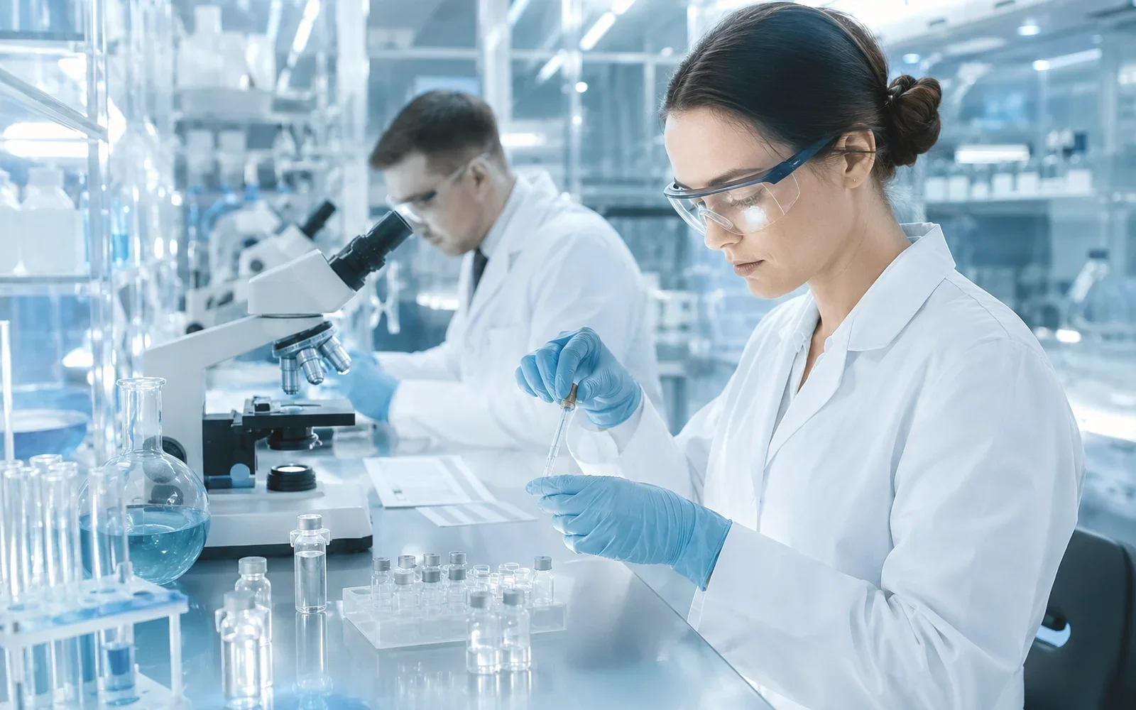 Scientists conducting genetics and biotechnology research in a modern laboratory using microscopes, research vials, and advanced scientific equipment.