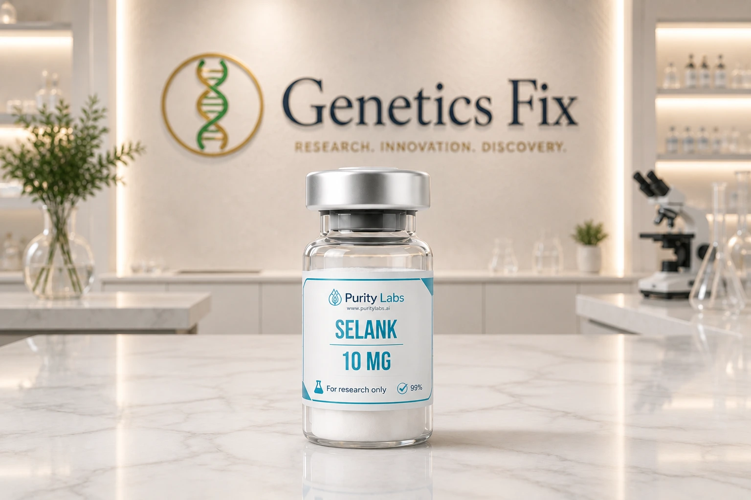 Premium genetics research vial displayed on a marble countertop inside a modern biotechnology laboratory featuring the Genetics Fix brand wall for scientific research and innovation.